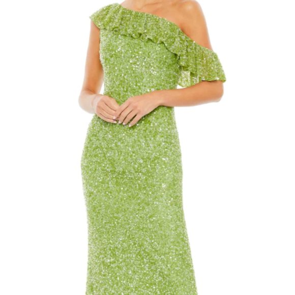 MAC DUGGAL SEQUIN DROP SHOULDER KEY LIME TRUMPET GOWN sz 14 - Picture 1 of 6